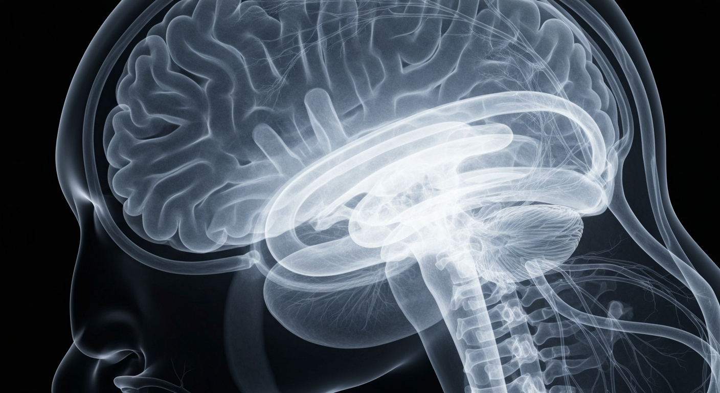 A highly detailed, translucent X-ray photograph revealing the intricate structure of the human brain and nervous system, conveying the clinical and scientific nature of the story about advancements in intraoperative neurophysiological monitoring.