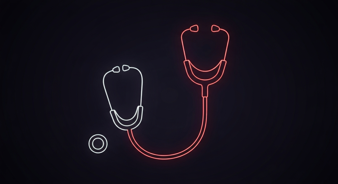 A vibrant neon outline of a medical stethoscope against a dark background, symbolizing the urgent yet hopeful efforts of healthcare workers to maintain quality care during a period of organizational change.