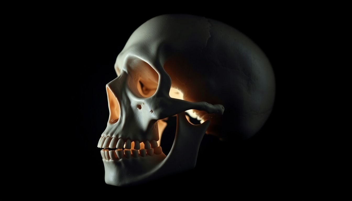 An extreme close-up photograph of a human skull fragment with a reconstructed facial structure, lit by a harsh, direct camera flash against a pitch-black background, conceptually illustrating the gritty investigative process of solving a cold case mystery.