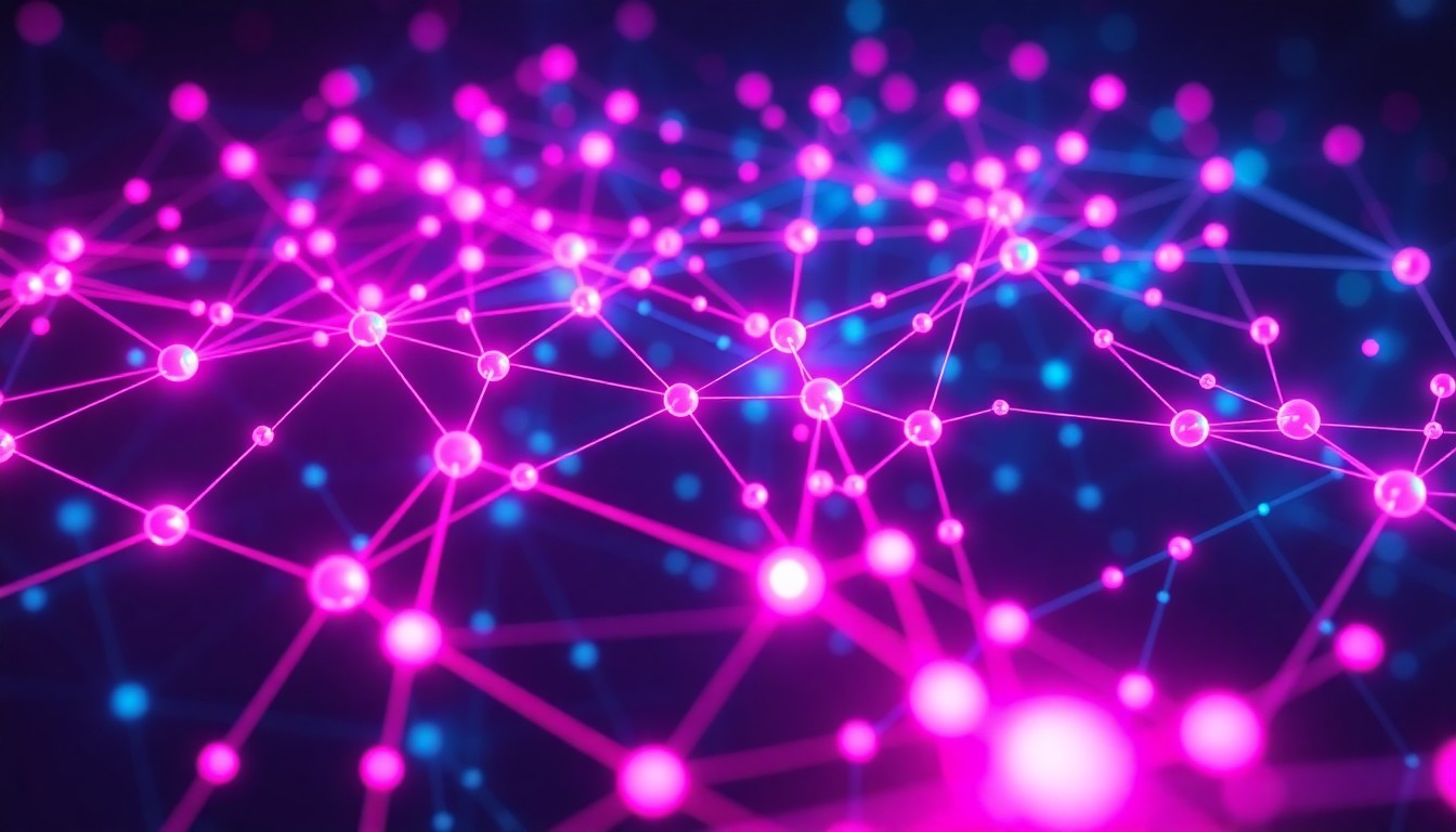 A highly detailed, glowing 3D illustration of a complex data graph structure with interconnected nodes and lines of light in shades of neon cyan and magenta, conceptually representing the intelligent data unification capabilities of Reltio's MDM platform.