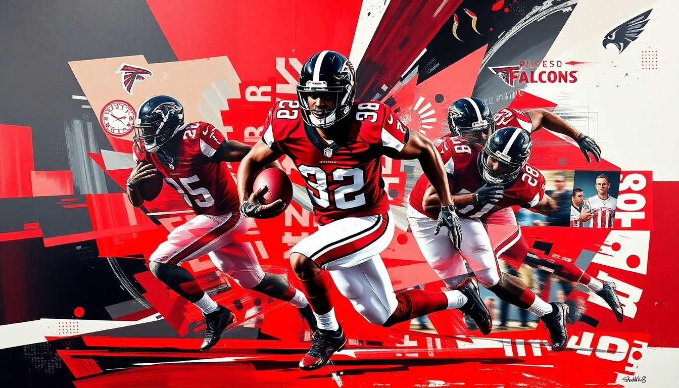 A cubist-style painting depicting the powerful running of Falcons RB Bijan Robinson, with his movements broken down into sharp, overlapping geometric shapes and planes in the team's colors of red, black, and white.