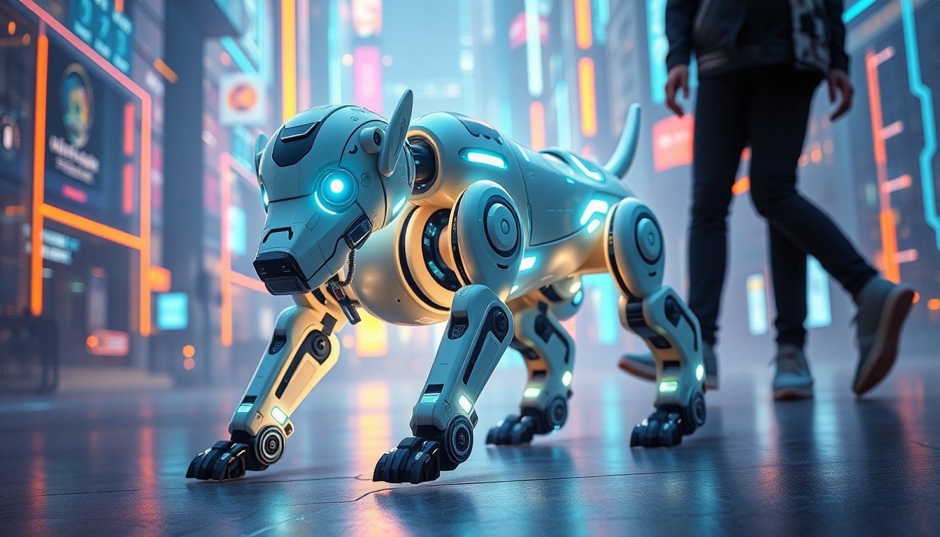 A highly detailed 3D illustration of a glowing, quadruped robot dog with illuminated sensors and mechanical components, guiding a person through a futuristic urban environment filled with abstract neon-lit digital infrastructure.