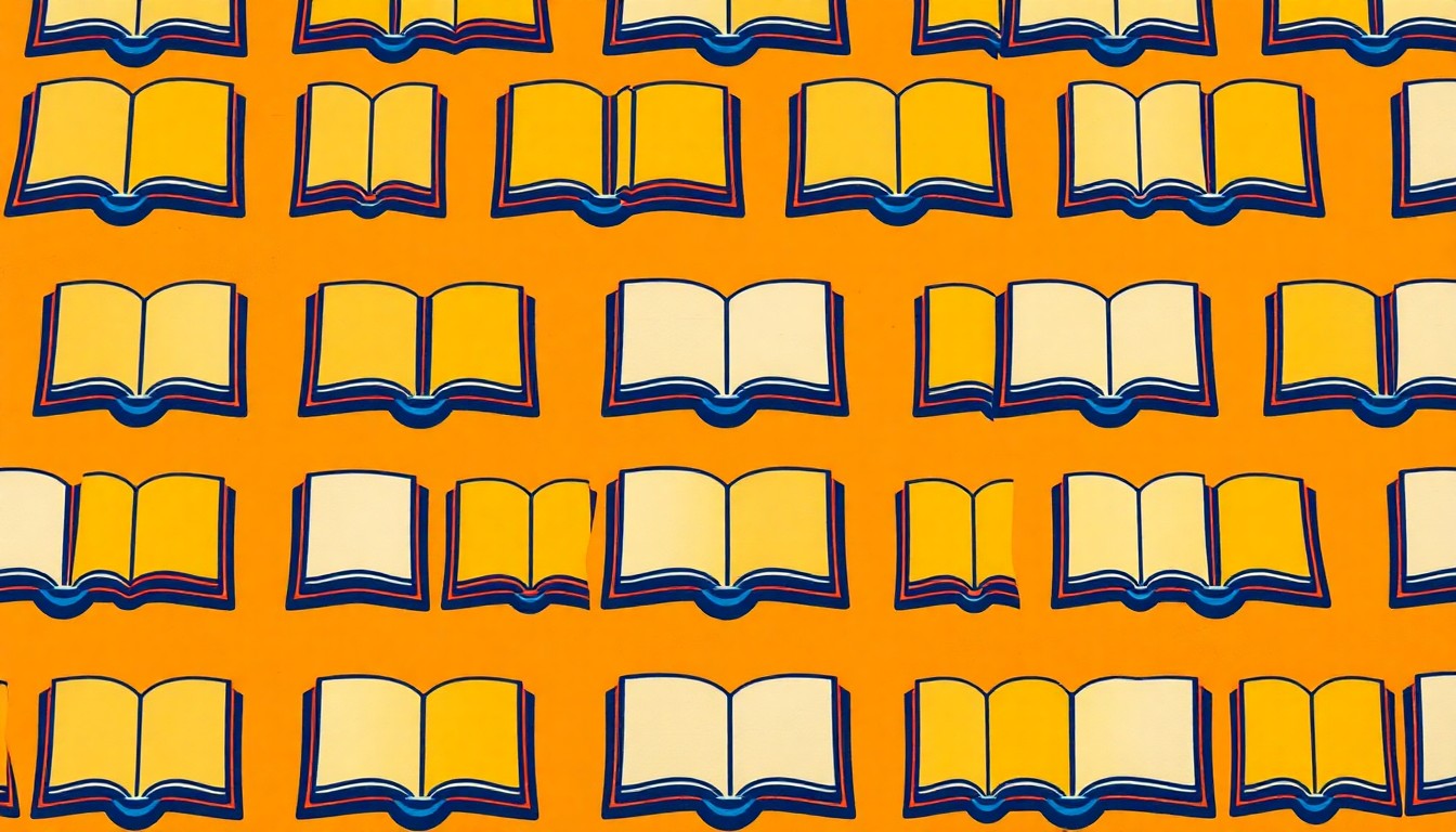 A bold, colorful silkscreen print featuring a repeated icon of an open book, conceptually representing the focus on literacy education in Indiana schools.