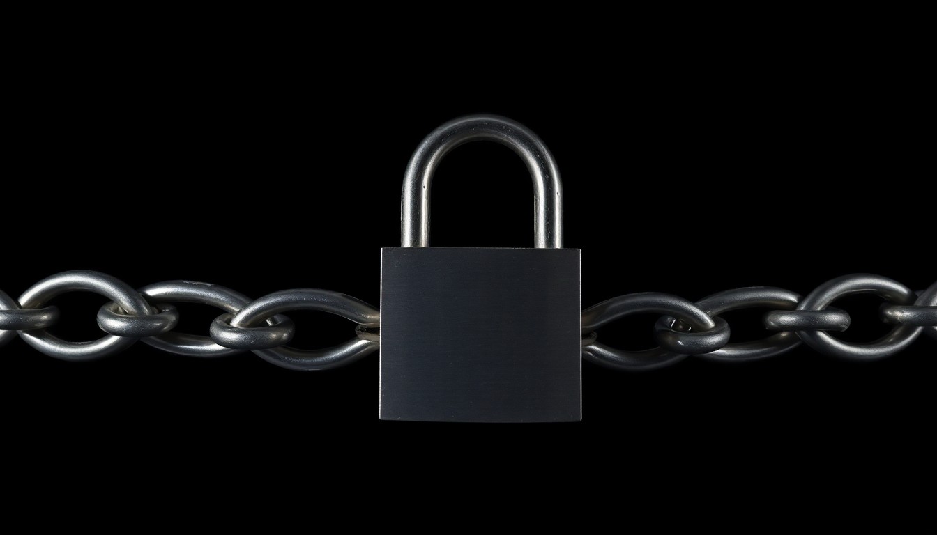An extreme close-up photograph of a metal lock and chain, lit by a harsh, direct camera flash against a pitch-black background, conceptually representing the investigation into financial crimes and the need for stronger security measures.