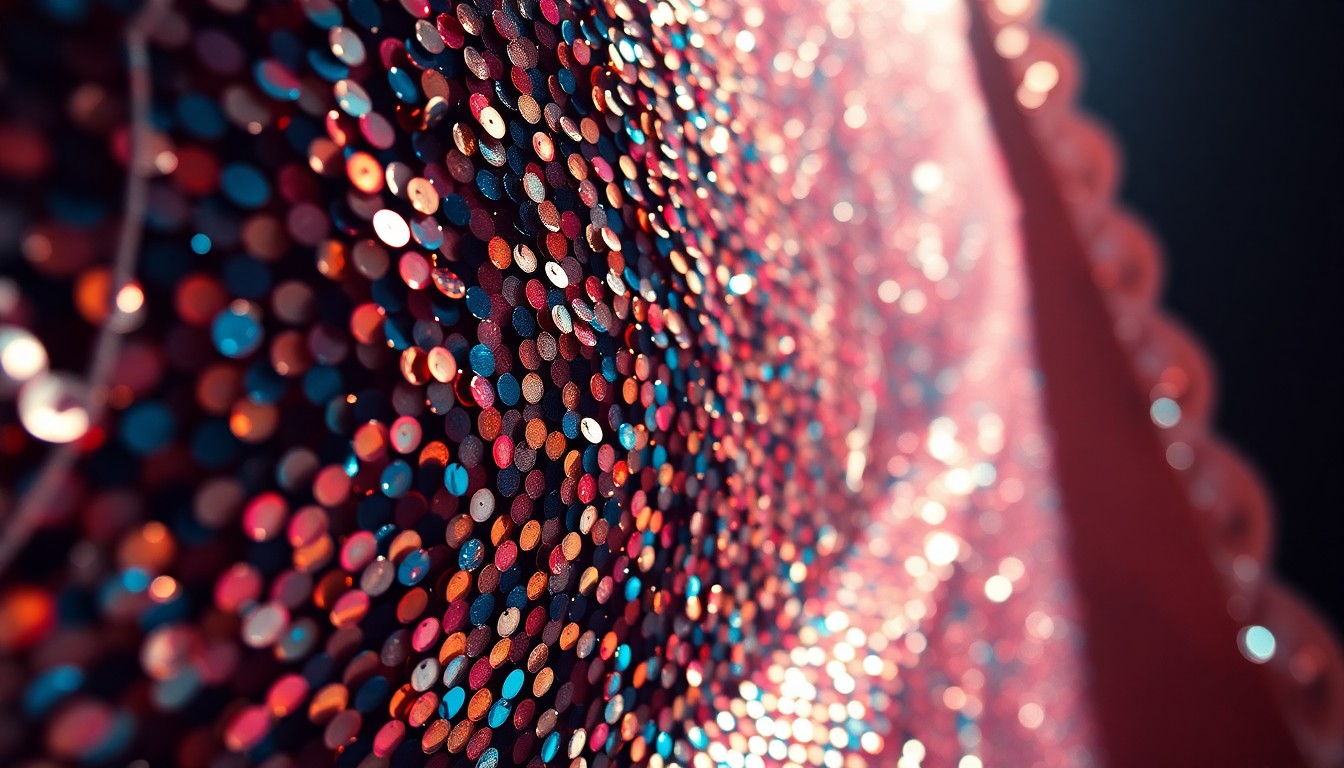 An extreme close-up photograph of glittering, shimmering sequins under dramatic, high-contrast studio lighting, capturing the luxurious, high-fashion aesthetic of KATSEYE's music video.