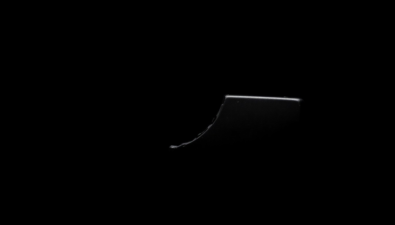 An extreme close-up photograph of a broken computer mouse or keyboard key against a pitch-black background, lit by a harsh, direct camera flash, conceptually representing the harsh realities of AI-enabled cybercrimes.