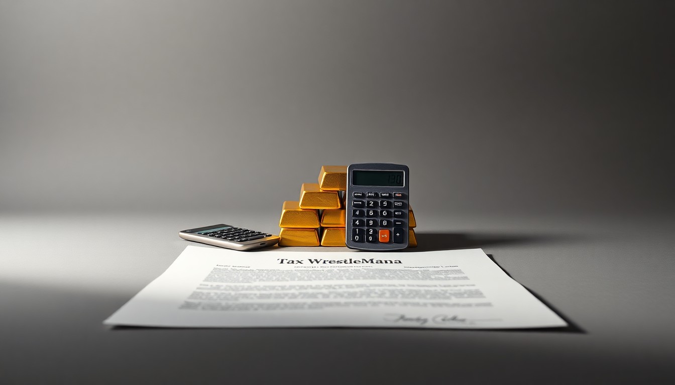 A high-end, photorealistic studio still-life photograph featuring a stack of gold bars, a calculator, and a contract document arranged elegantly on a clean, grey seamless background, conceptually representing the financial aspects of hosting a major sports and entertainment event.