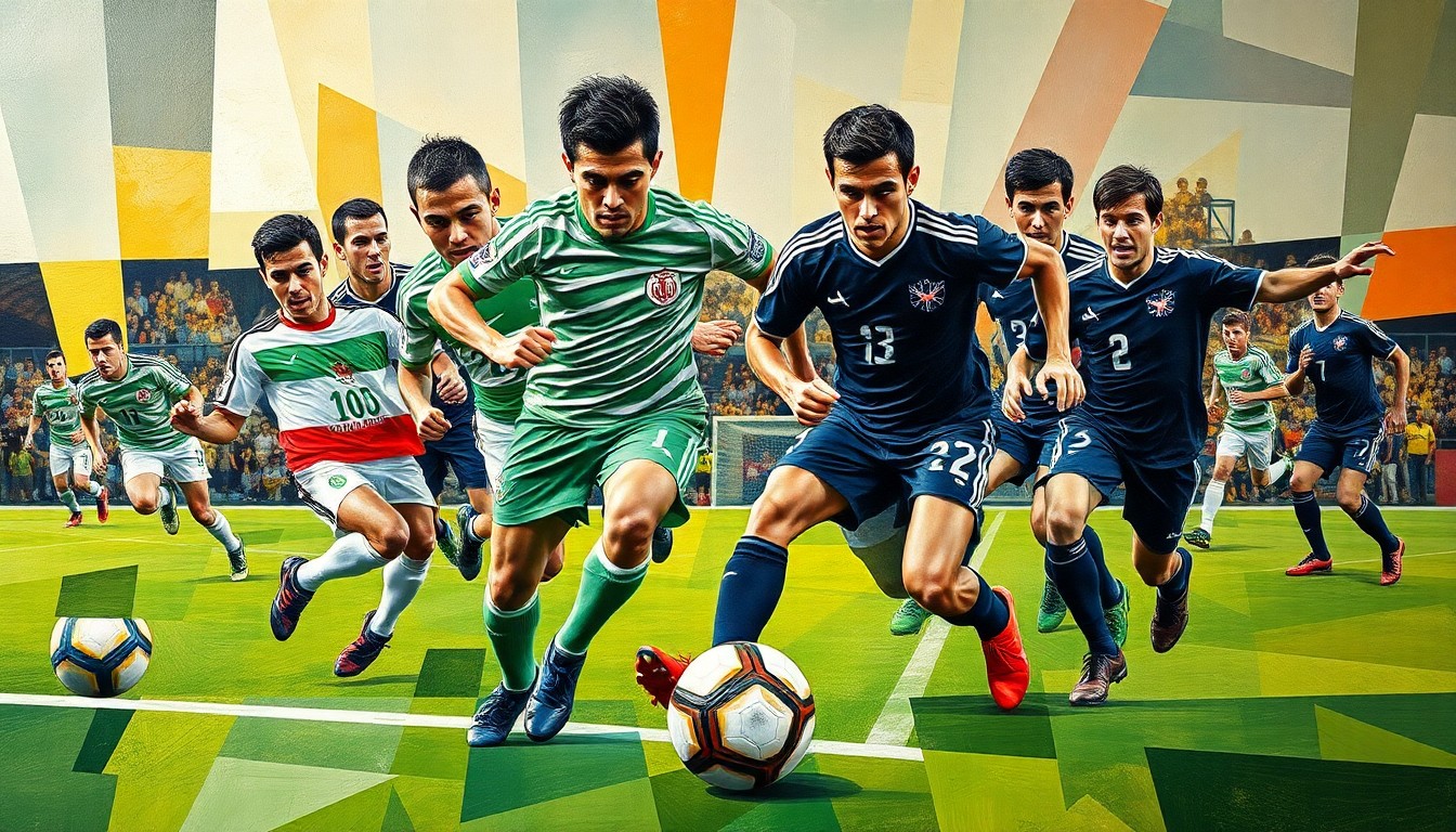 A dynamic, abstract painting in the cubist style, featuring overlapping geometric shapes and planes that deconstruct a soccer match between the Iranian and New Zealand national teams. The players' figures are abstracted into unrecognizable forms, with the ball and field creating a sense of movement and energy.