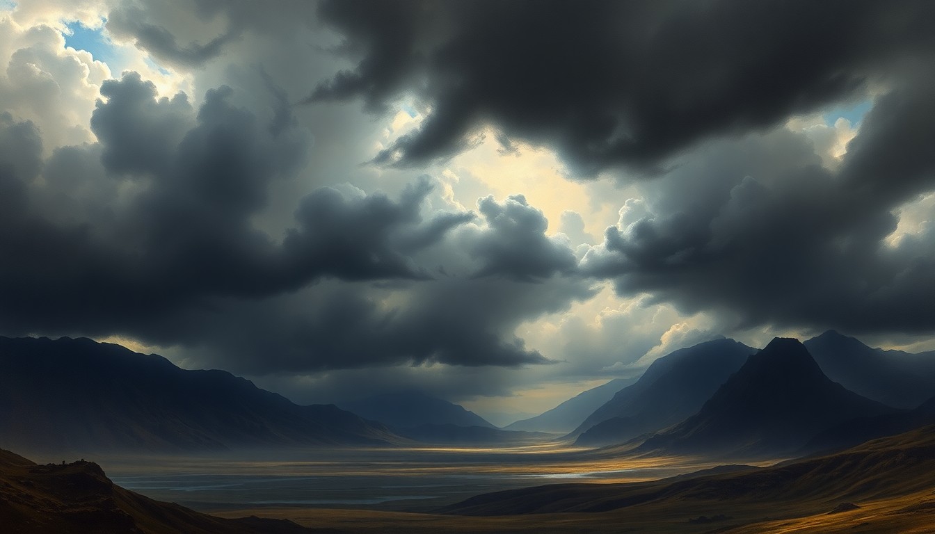 A vast, atmospheric landscape painting depicting an approaching storm, with dark, ominous clouds dominating the frame and dwarfing any physical structures or objects below. The scene conveys a sense of the overwhelming scale and power of the natural world.