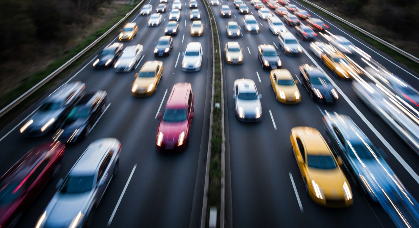An abstract, colorful blur of motion depicting a line of cars on a highway, conveying the chaos and disruption of a traffic jam.