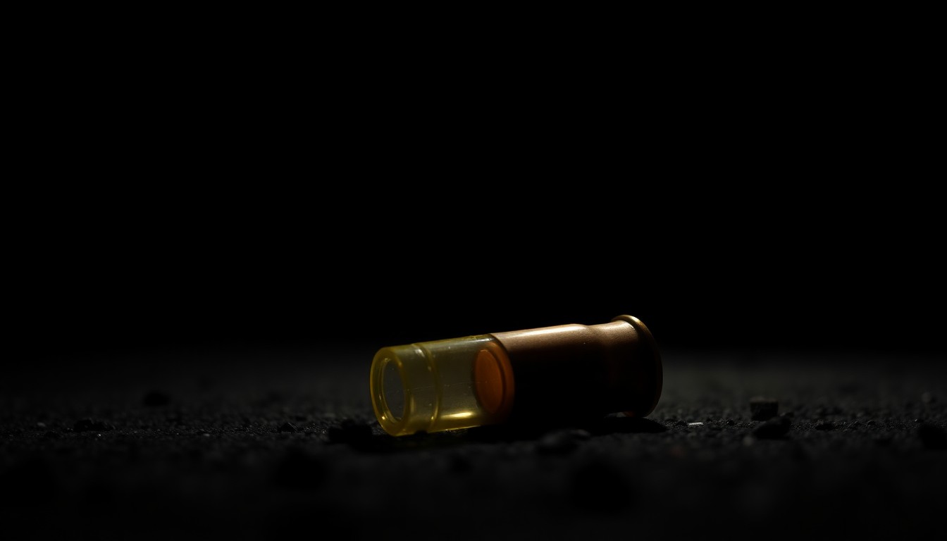 An extreme close-up photograph of a single spent shell casing lying on the ground, conceptually illustrating the aftermath of a school shooting incident.