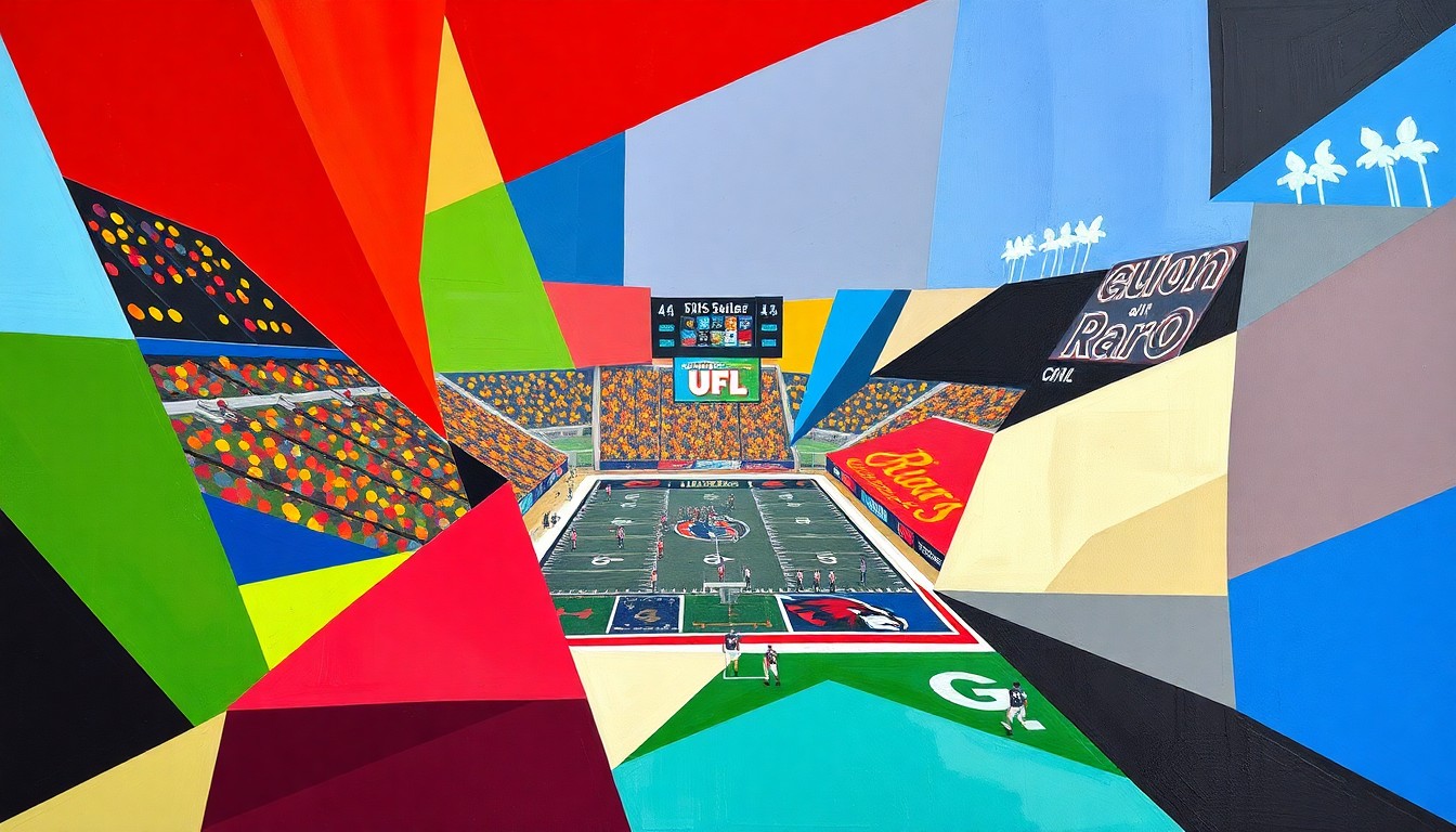 A fragmented, cubist-style painting depicting the action and energy of a professional football game, with sharp, overlapping geometric shapes in the team's official colors.