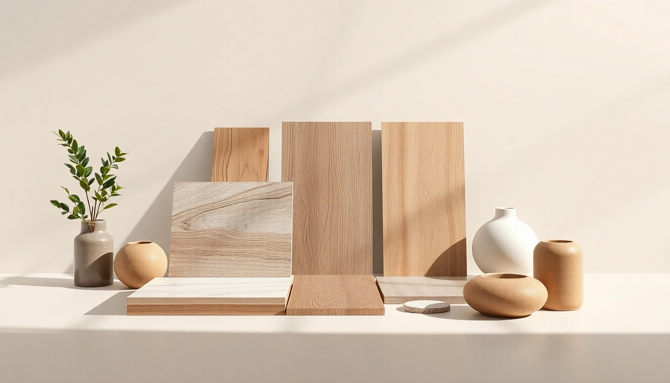 A photorealistic studio still-life featuring a selection of polished flooring tiles, hardwood planks, and home decor accessories arranged elegantly on a clean, monochromatic background, conceptually representing the quality and craftsmanship of Floor & Decor's product offerings.