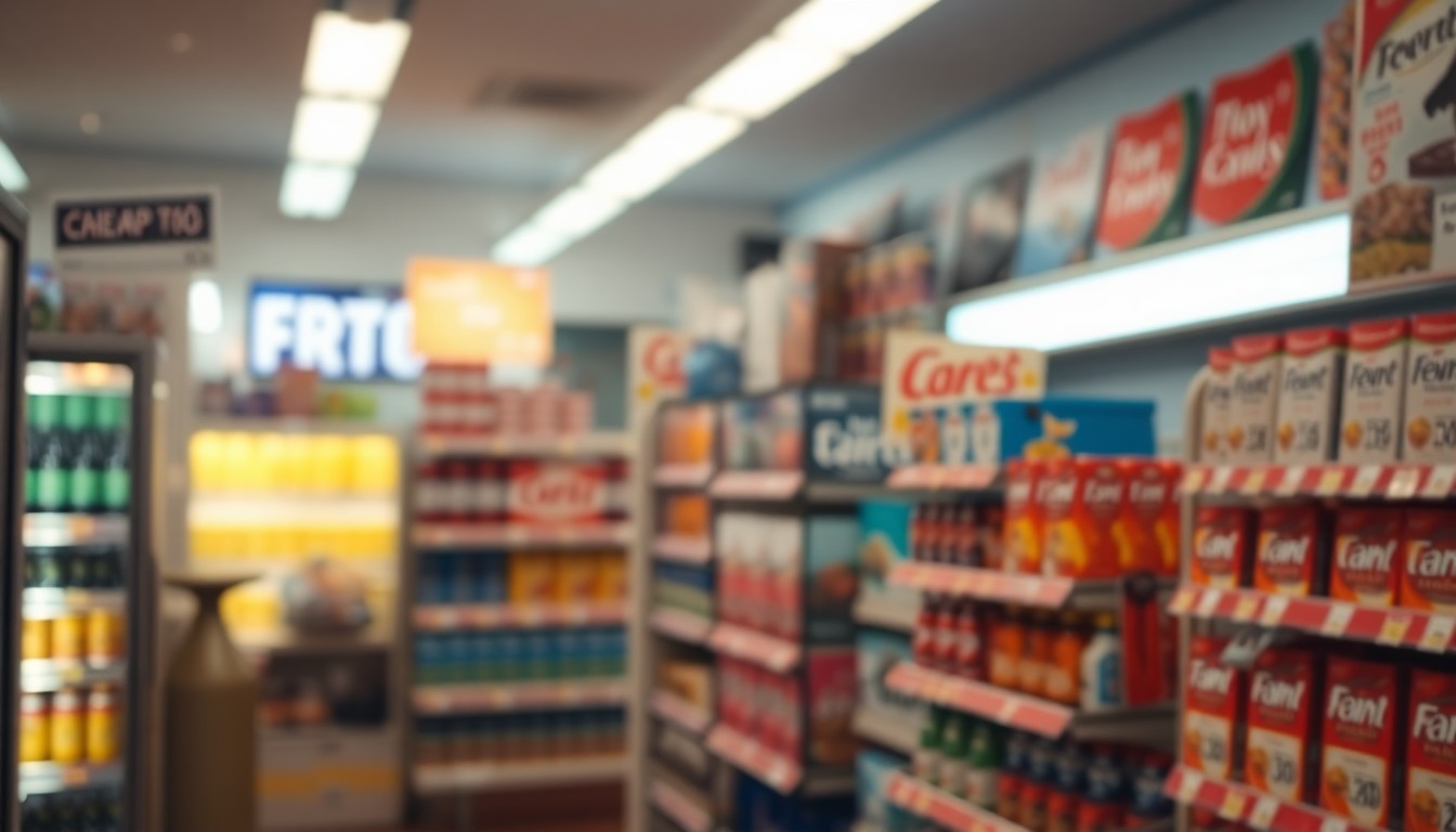 An extremely abstracted, out-of-focus photograph in soft pools of warm color and light, depicting the blurred interior of a convenience store with shelves of energy drinks and lottery tickets in the background, conceptually representing the unexpected nature of the lottery winner's good fortune.