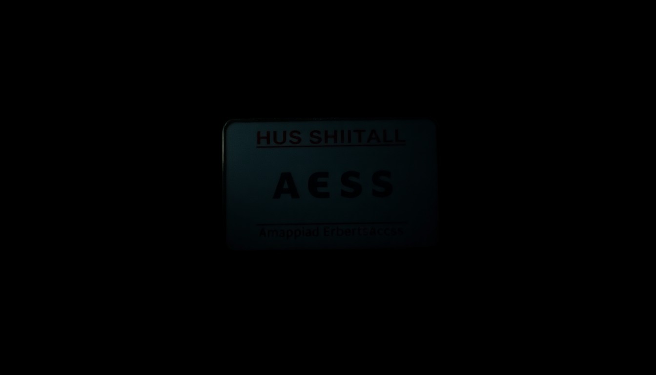 An extreme close-up photograph of a hospital security badge or access card, the details and textures of the plastic card sharply illuminated by a harsh, direct camera flash against a pitch-black background, conceptually representing the investigation into a security incident at the hospital.