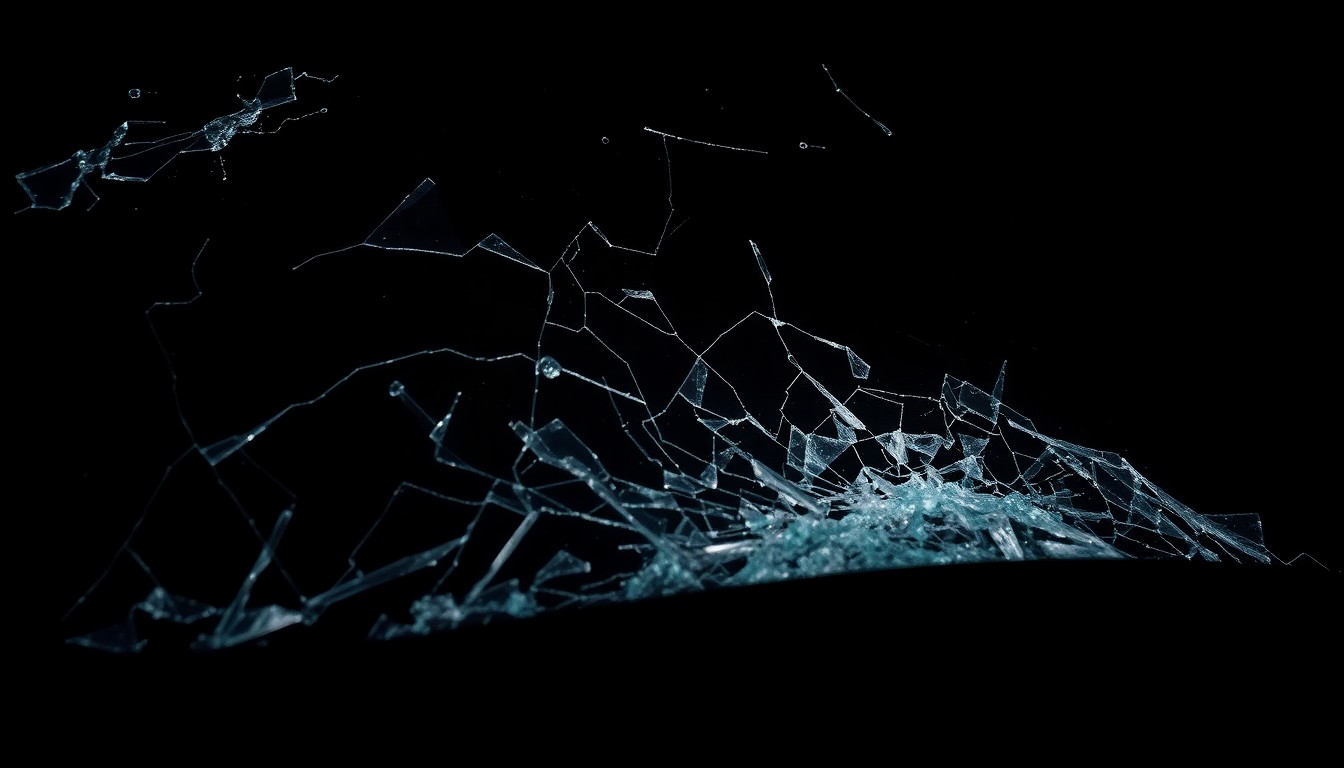 An extreme close-up photograph of a shattered computer component or damaged electronic device, capturing the gritty aftermath of a cargo theft through dramatic lighting and stark contrast.