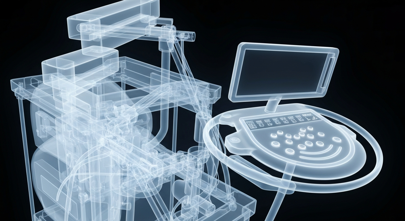 A translucent, X-ray-like image showing the internal components and structure of a surgical navigation system and intraoperative ultrasound device working together, conveying the advanced technology and precision of the integrated medical devices.