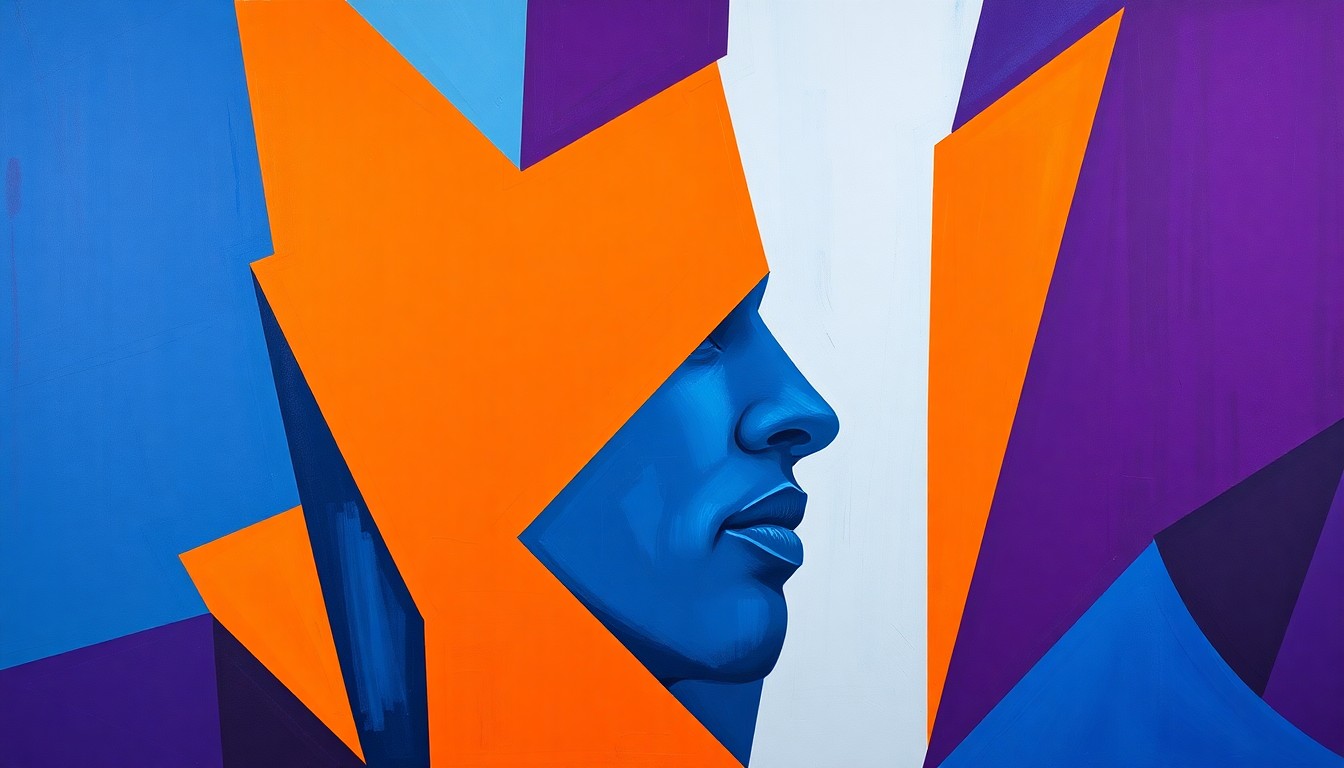 A fractured, multi-perspective painting using bold, geometric shapes and vibrant colors to conceptually represent the energy and intensity of Bam Adebayo's historic 83-point game.