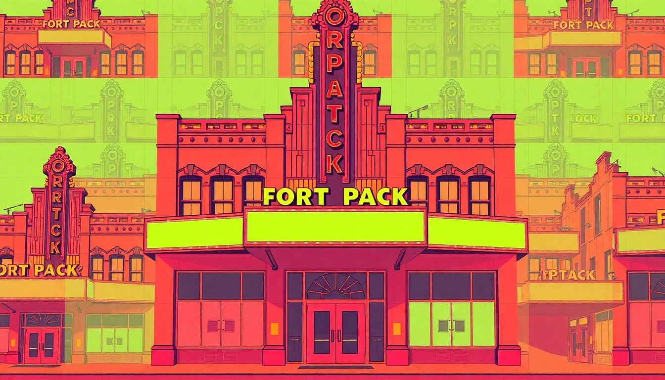 A bold, graphic silkscreen illustration featuring the iconic facade of the Fort Peck Theatre repeated in a colorful grid, conceptually representing the preservation of this important community landmark.