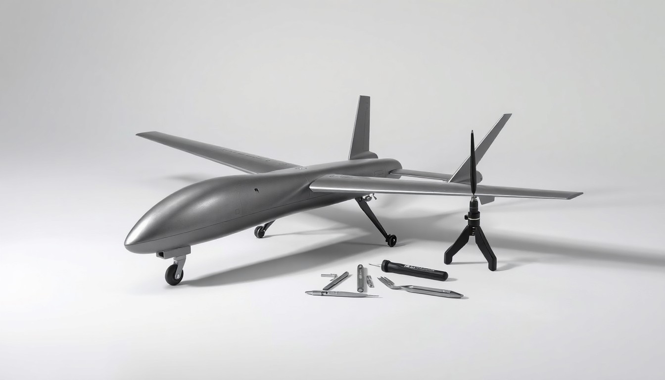 A minimalist studio still life photograph featuring a sleek, metallic unmanned aerial vehicle model and precision engineering tools arranged elegantly on a clean, monochromatic background, conveying the advanced technology and engineering expertise of AeroVironment.