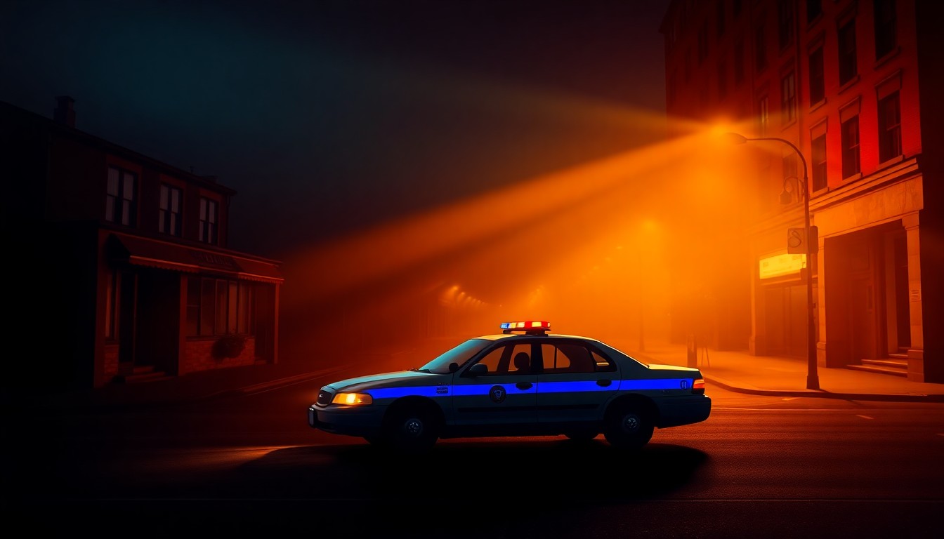 A photorealistic painting of a lone police car parked on a shadowy urban street, with warm sunlight and deep shadows creating a contemplative, cinematic mood.