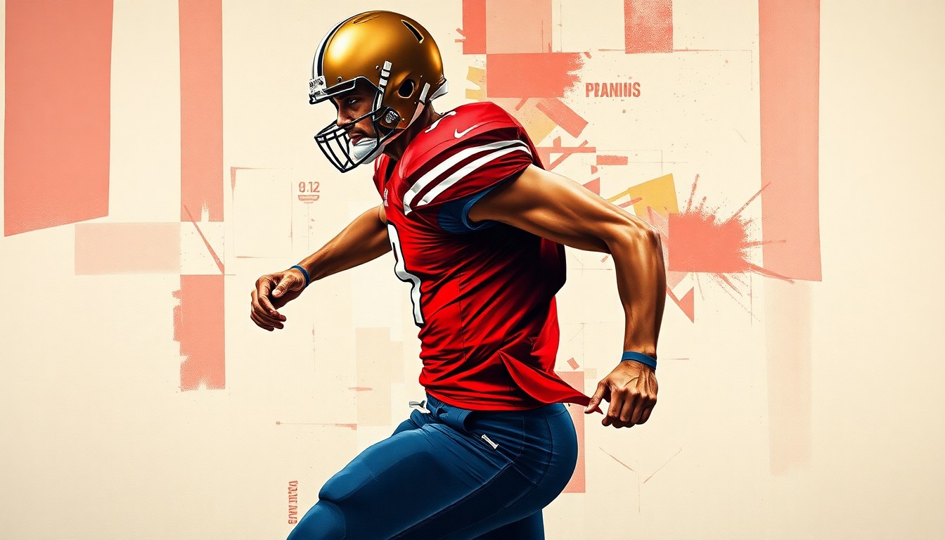 A fragmented, cubist-style painting depicting a college football player in motion, with their body and uniform broken down into sharp, overlapping geometric shapes in a palette of scarlet, gold, and navy blue, conveying the dynamic and multifaceted nature of the NIL landscape in college sports.