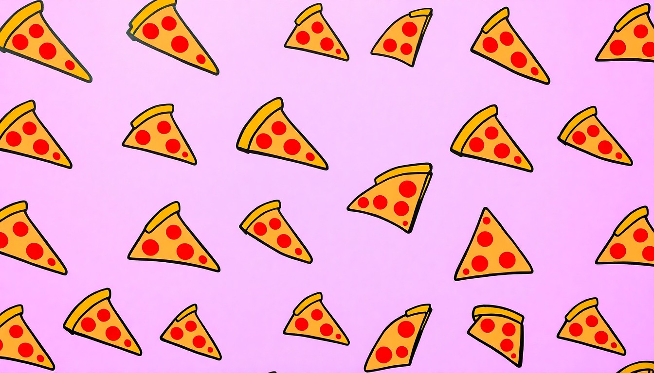 A brightly colored, high-contrast silkscreen print of a single, iconic pizza slice repeated in a tight grid pattern, capturing the timeless appeal of Zuppardi's Apizza through a modern pop art lens.