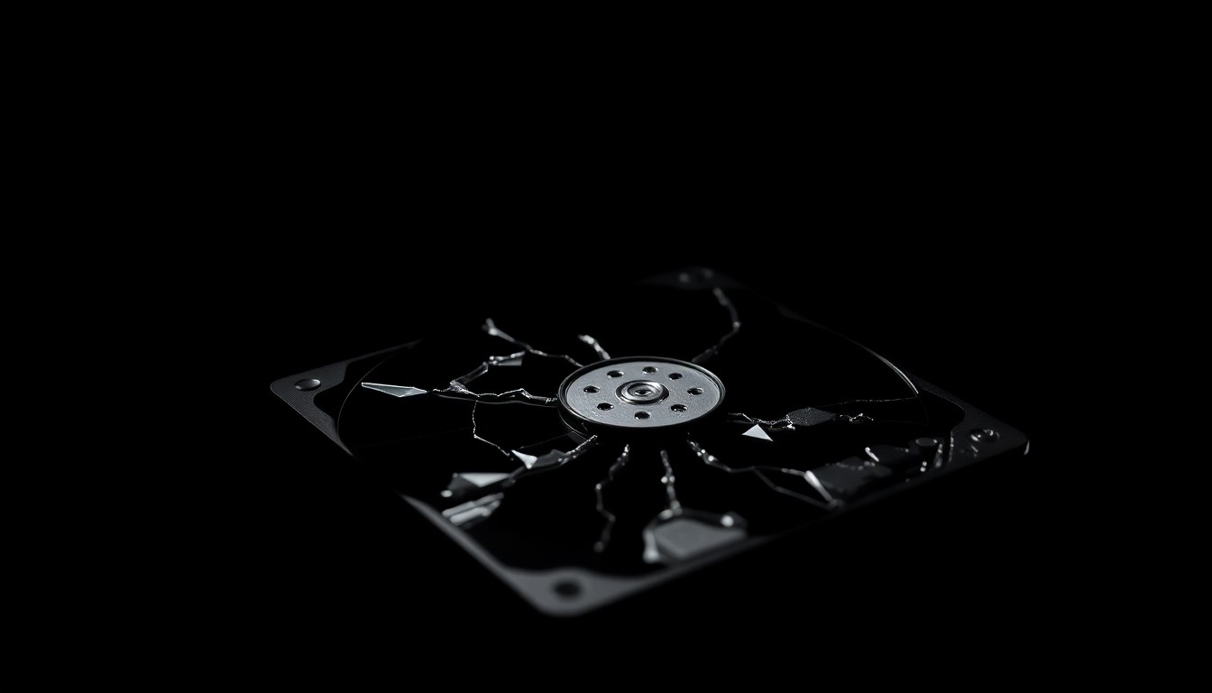 An extreme close-up of a damaged computer hard drive reflecting a harsh, direct flash of light, conceptually representing the discovery of illicit digital evidence in a high-profile child exploitation case.