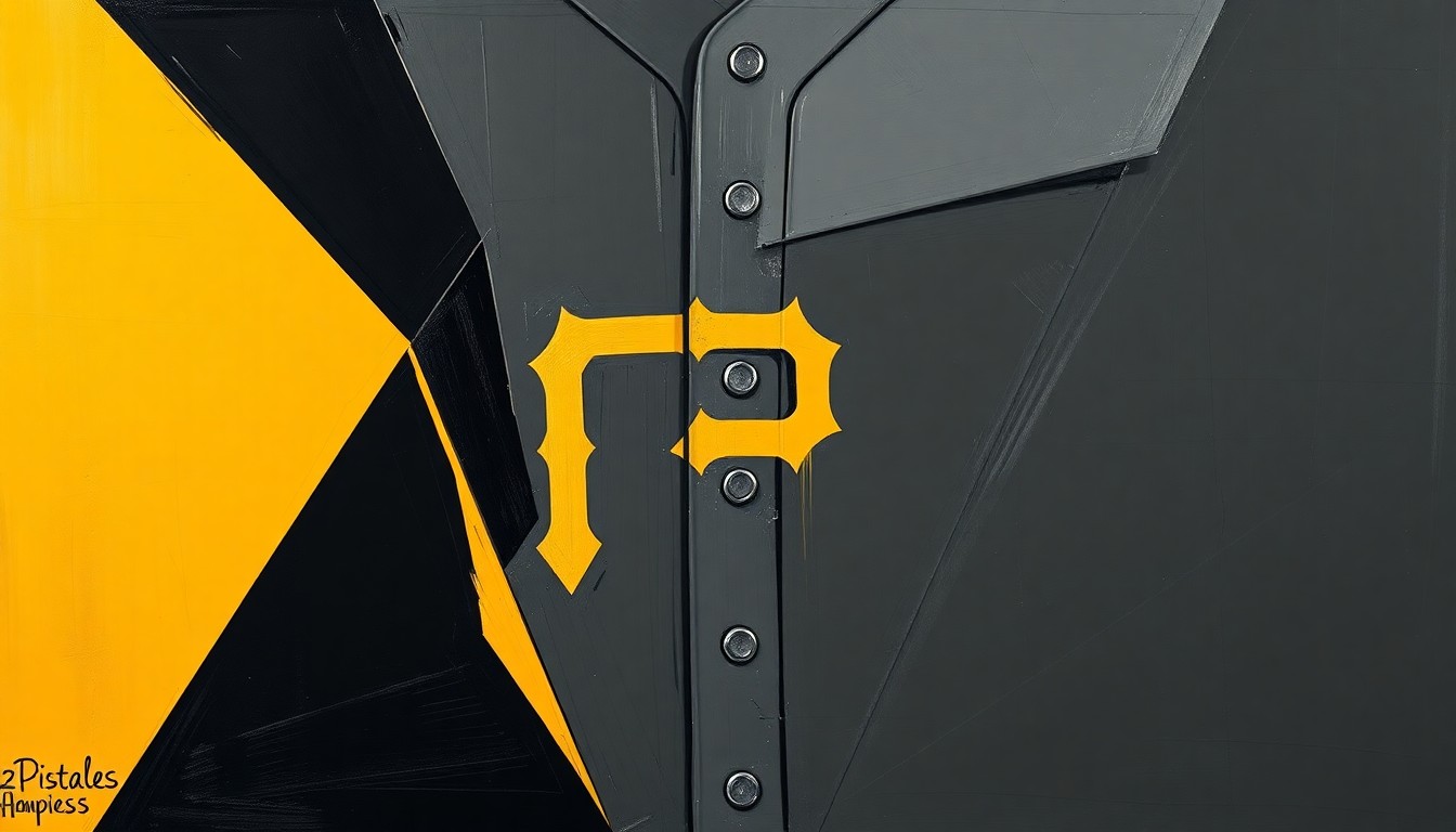 A cubist, fragmented illustration depicting the key visual elements of the new Pittsburgh Pirates City Connect jersey, including the curved lettering, gold accents, and revamped logo, all broken down into sharp, overlapping planes of color.