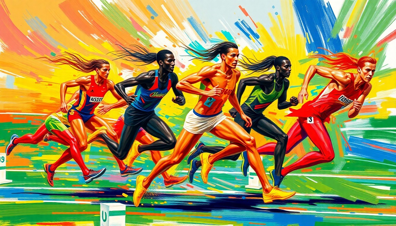 An abstract, expressionist painting featuring dynamic, neon-colored brushstrokes that capture the raw energy and movement of track and field athletes in motion, with no identifiable figures or text.