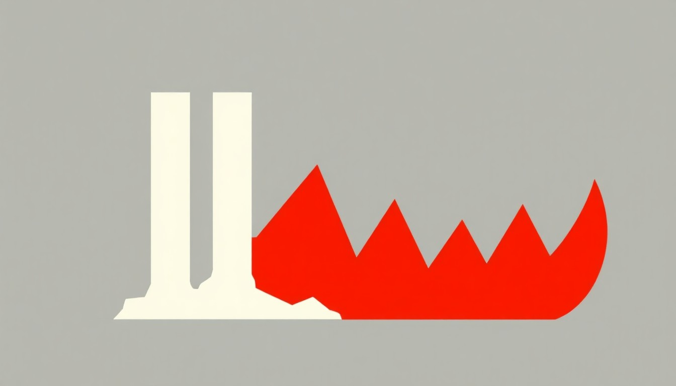 A bold, abstract illustration using simple geometric shapes and primary colors to represent the dramatic drop in oil prices and rise in stock prices following a diplomatic breakthrough between the U.S. and Iran.
