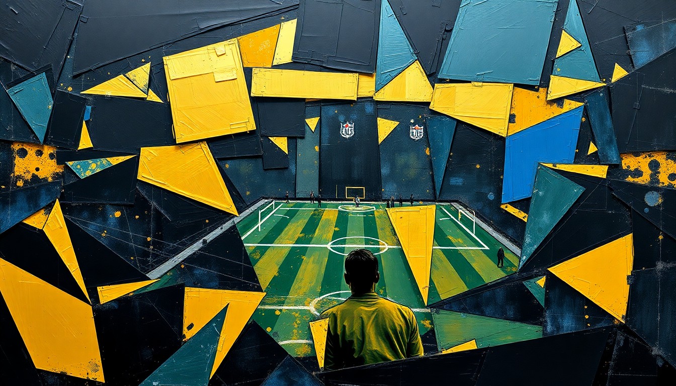 A fragmented, geometric painting depicting a football game or match, with sharp planes of black, gold, and steel blue overlapping to create a sense of motion and energy, conceptually representing the complex situation facing the new Pittsburgh Steelers head coach.