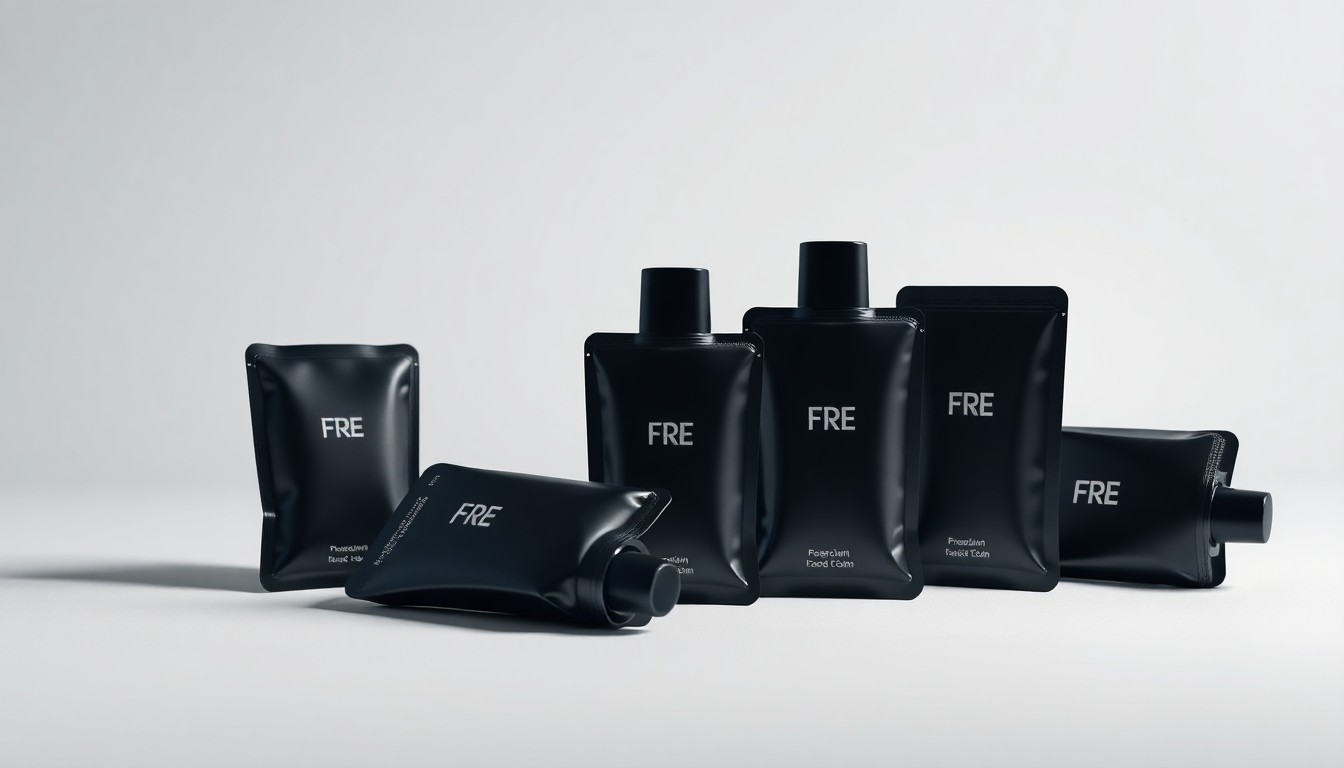 A high-end, photorealistic studio still-life photograph featuring a set of premium, polished nicotine pouches arranged elegantly on a clean, monochromatic seamless background. The pouches are made from sleek, geometric shapes and high-quality materials, with dramatic studio lighting and deep shadows creating a sense of sophistication and exclusivity.