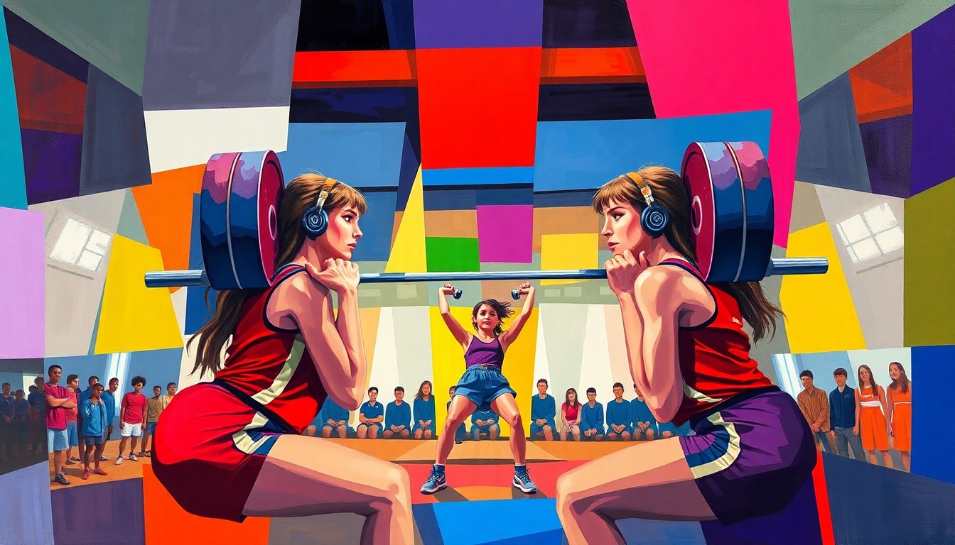 A cubist-style painting depicting a girls powerlifting competition, with the athletes' bodies and equipment broken down into sharp, overlapping geometric shapes in vibrant colors representing the Live Oak and West Monroe school uniforms.