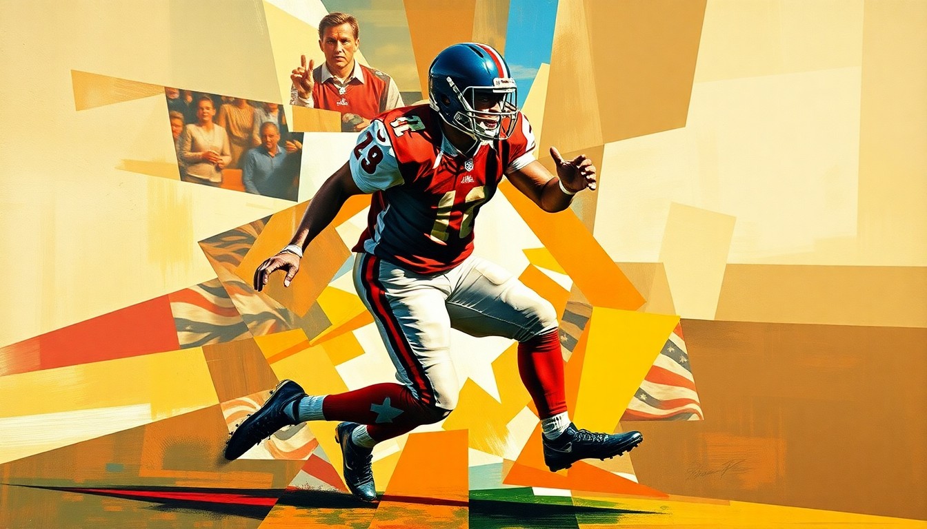 A cubist, geometric painting depicting a football player in motion, with their body broken down into sharp, overlapping planes of color and shape.