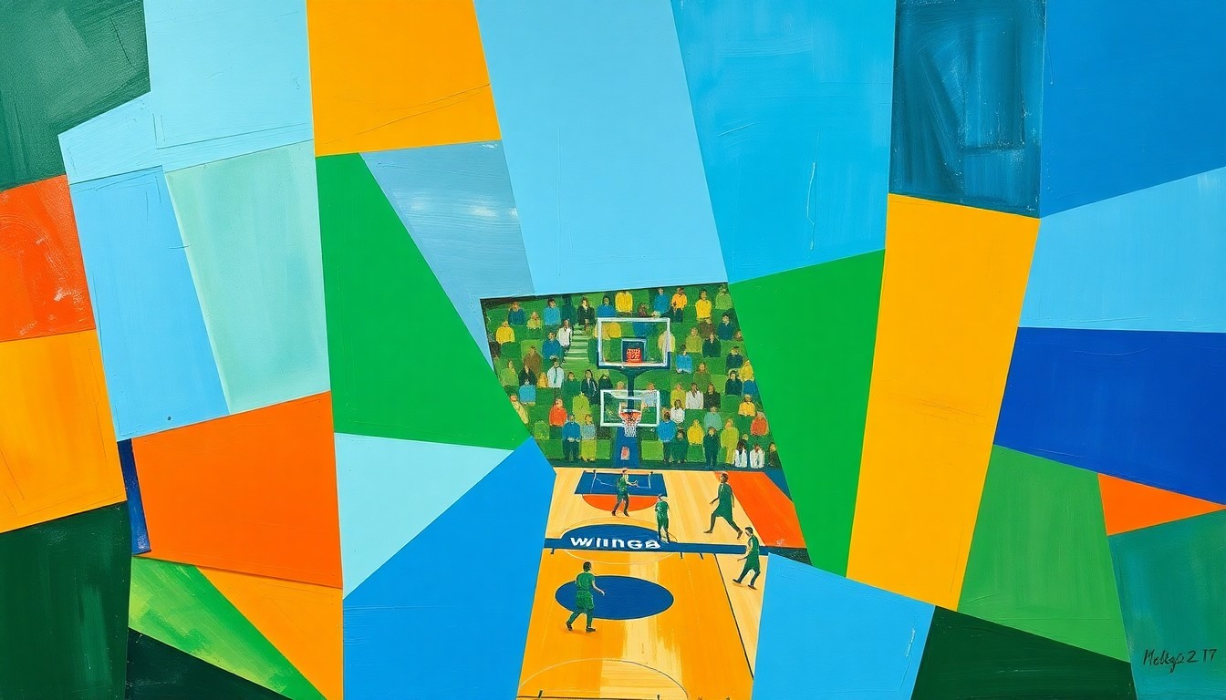A fragmented, geometric painting depicting overlapping planes of color and abstract basketball shapes, conveying the dynamic energy of a WNBA game.