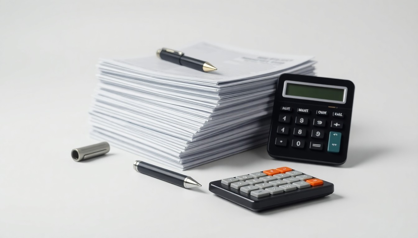 A photorealistic studio still-life featuring a stack of neatly organized business documents, a pen, and a calculator on a clean, monochromatic background, conceptually representing the bureaucratic challenges facing Bronx small businesses.