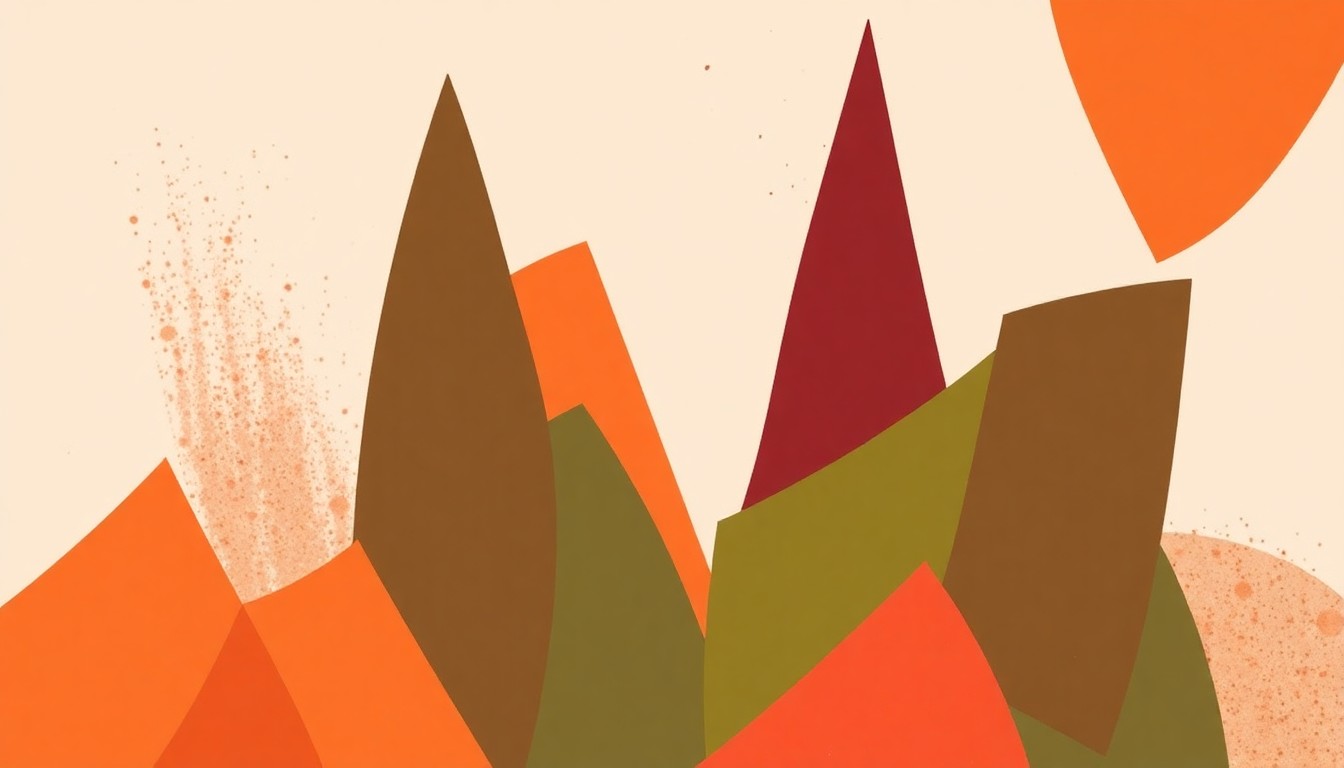 An abstract, minimalist composition of sharp, angular shapes in earthy tones, conceptually representing the varied artistic mediums and bold expressions of the young artists featured in the Heart of Helena exhibition.