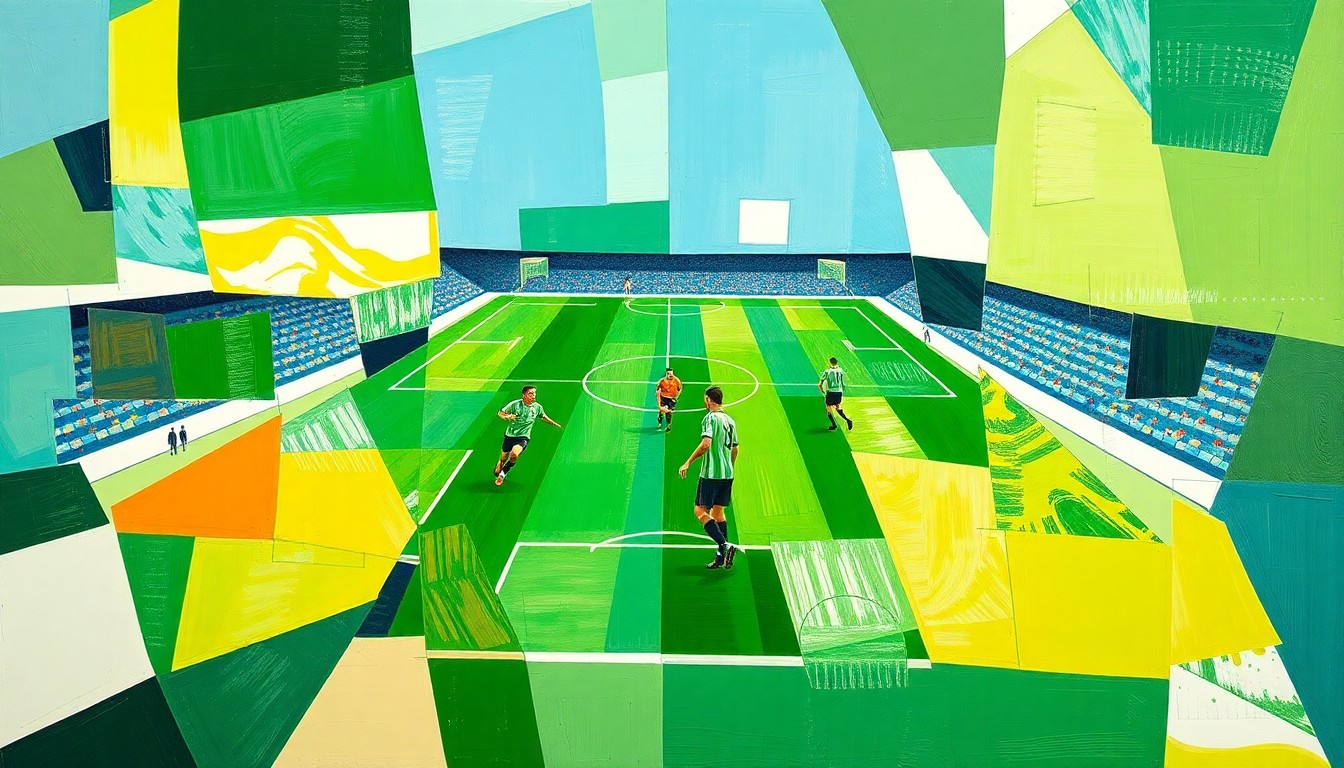 A cubist, geometric painting depicting a fragmented soccer match or training session, with overlapping shapes and planes of green, blue, and white representing the dynamic movements and energy of the sport.