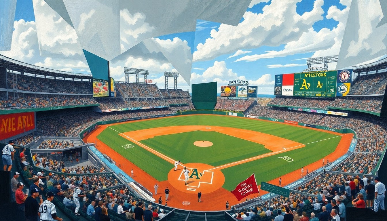A fragmented, geometric painting depicting a baseball game between the New York Yankees and Oakland Athletics, with the players and field broken down into sharp, overlapping shapes and planes of color.