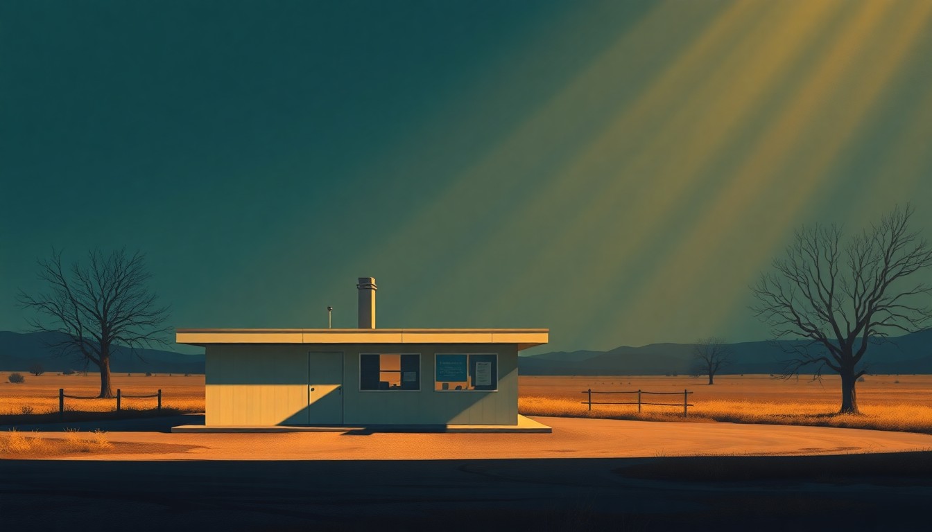 A serene, painterly image of a small rural medical clinic, its exterior bathed in warm sunlight and deep shadows, conveying a sense of quiet contemplation about the challenges of providing healthcare in remote areas.