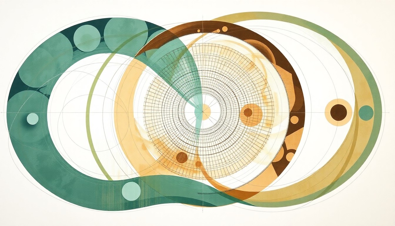 A highly structured abstract painting in earthy tones of green, brown, and blue, featuring sweeping geometric arcs, concentric circles, and precise botanical spirals, conceptually representing the interconnected web of educational programs, community initiatives, and industry partnerships that make up Life Science Cares San Diego's mission.