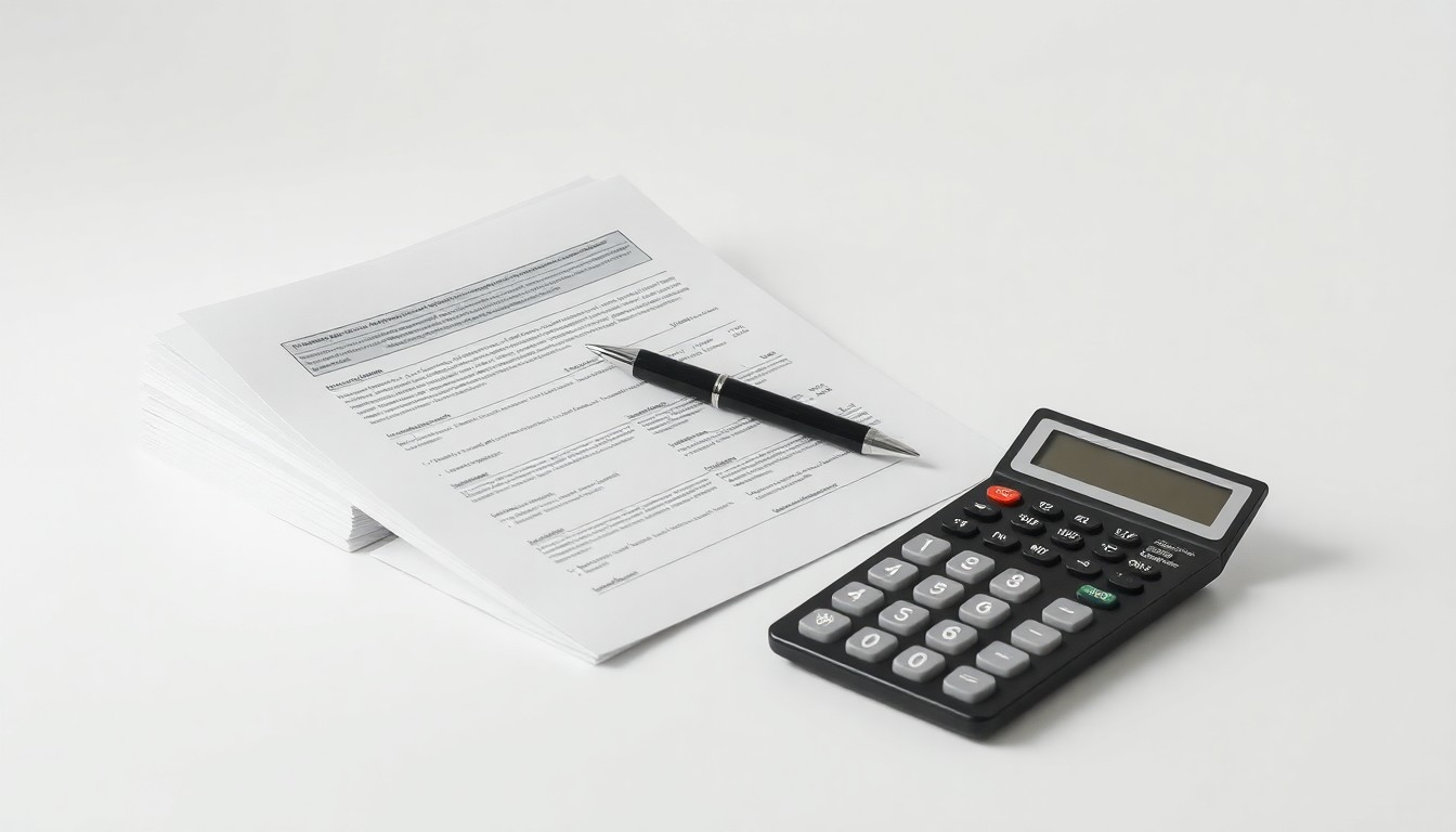 A photorealistic studio still life featuring a stack of financial documents, a pen, and a calculator arranged on a clean, monochromatic background, conceptually representing the abstract corporate strategy and finance at the heart of a legal investigation.