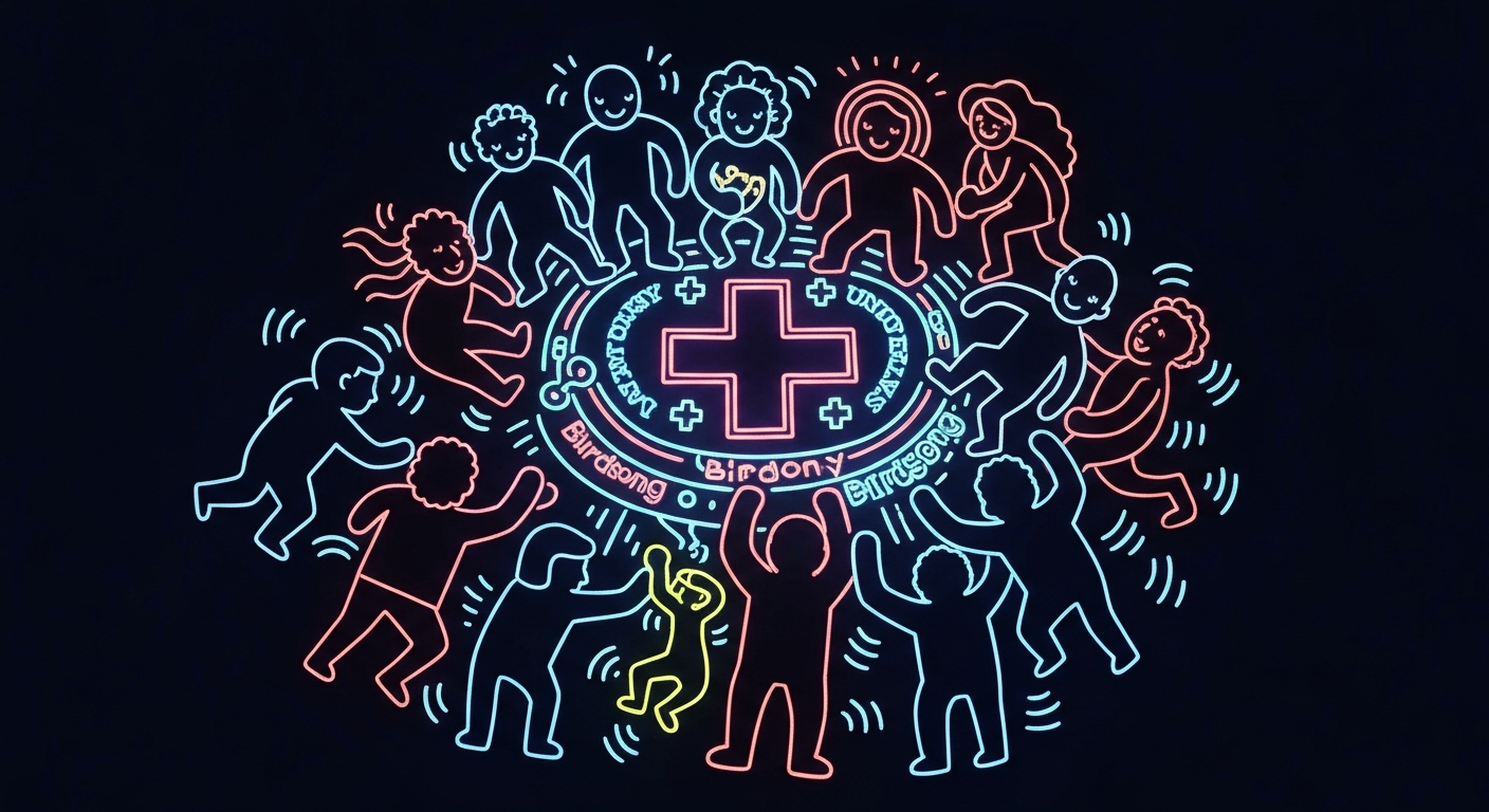 A vibrant, neon-outlined illustration showing a group of diverse people gathered around a central medical icon, conveying the collaborative spirit of the United Way and Birdsong health literacy partnership.