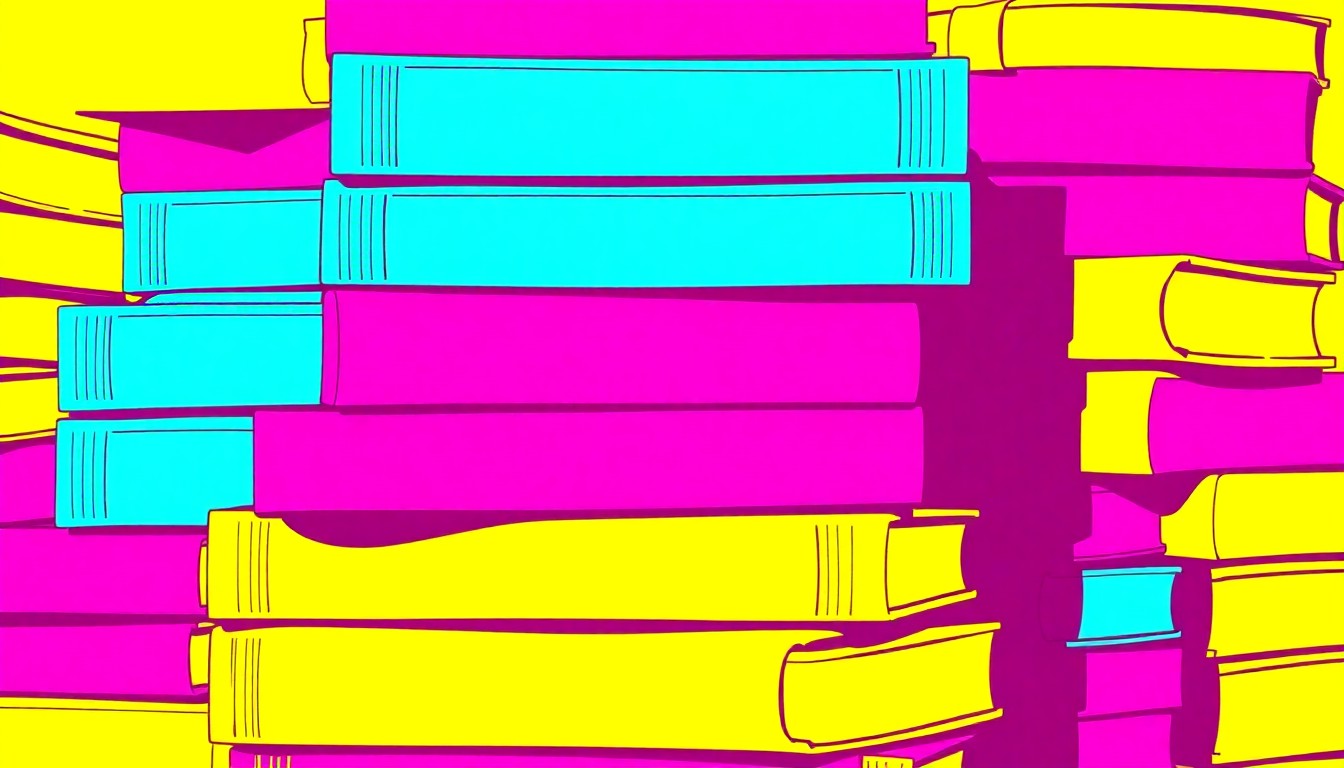 A brightly colored, high-contrast silkscreen print of a stack of books in vibrant shades of teal, magenta, and sunshine yellow, repeated in a tight grid pattern, conceptually representing the academic achievements and global ambitions of a university student.