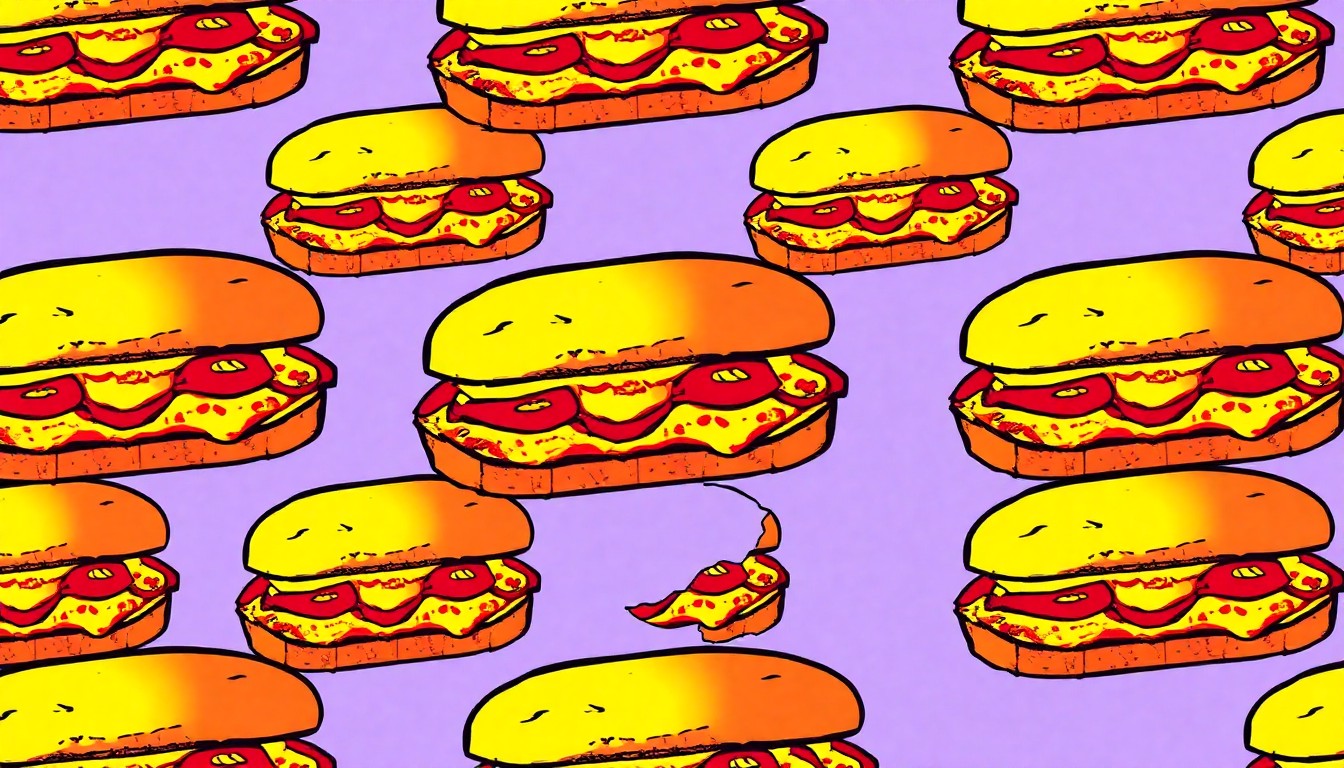 A highly stylized, brightly colored silkscreen print featuring a single pimento cheese sandwich repeated in a grid pattern, capturing the iconic status of this humble Southern staple.