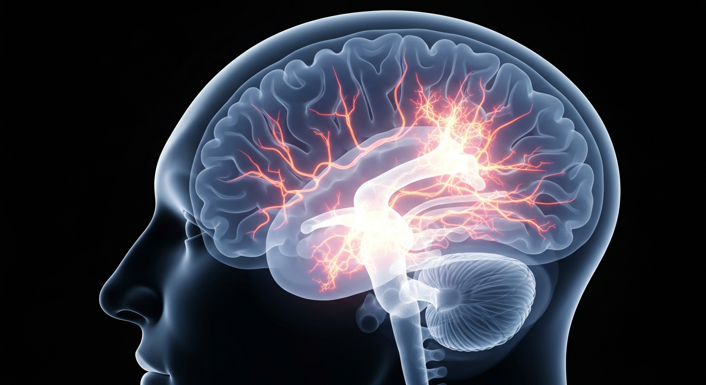 A translucent, ghostly X-ray photograph revealing the intricate neural structures of a human brain, conceptually representing the inner workings of the mind affected by aphasia.