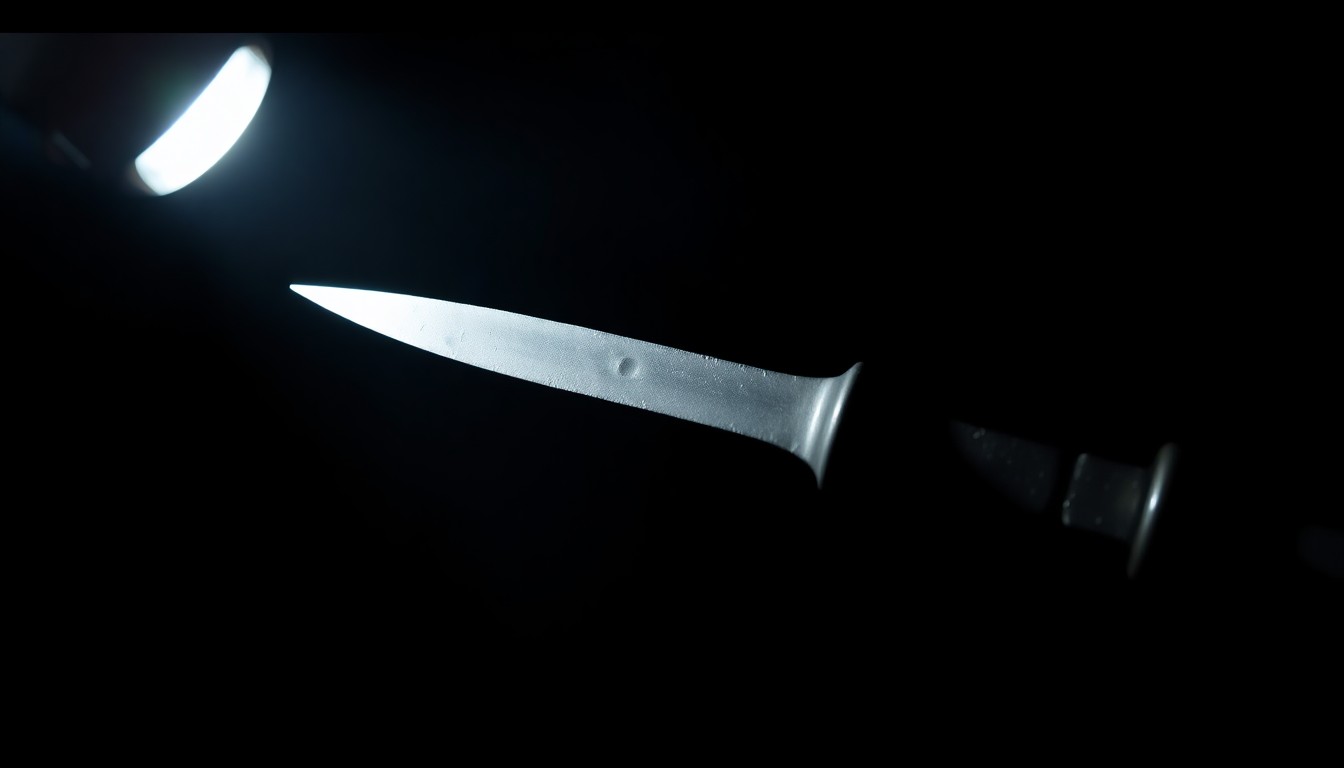 An extreme close-up of a sharp metal object, such as a shank or homemade weapon, lit by a harsh, direct camera flash against a pitch-black background, conceptually illustrating the violence and danger faced by correctional staff.