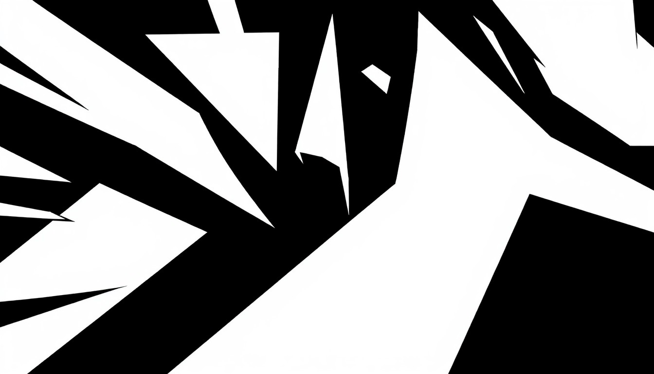 An abstract, minimalist illustration featuring stark, angular black shapes against a white background, capturing the dynamic energy of a dance performance.