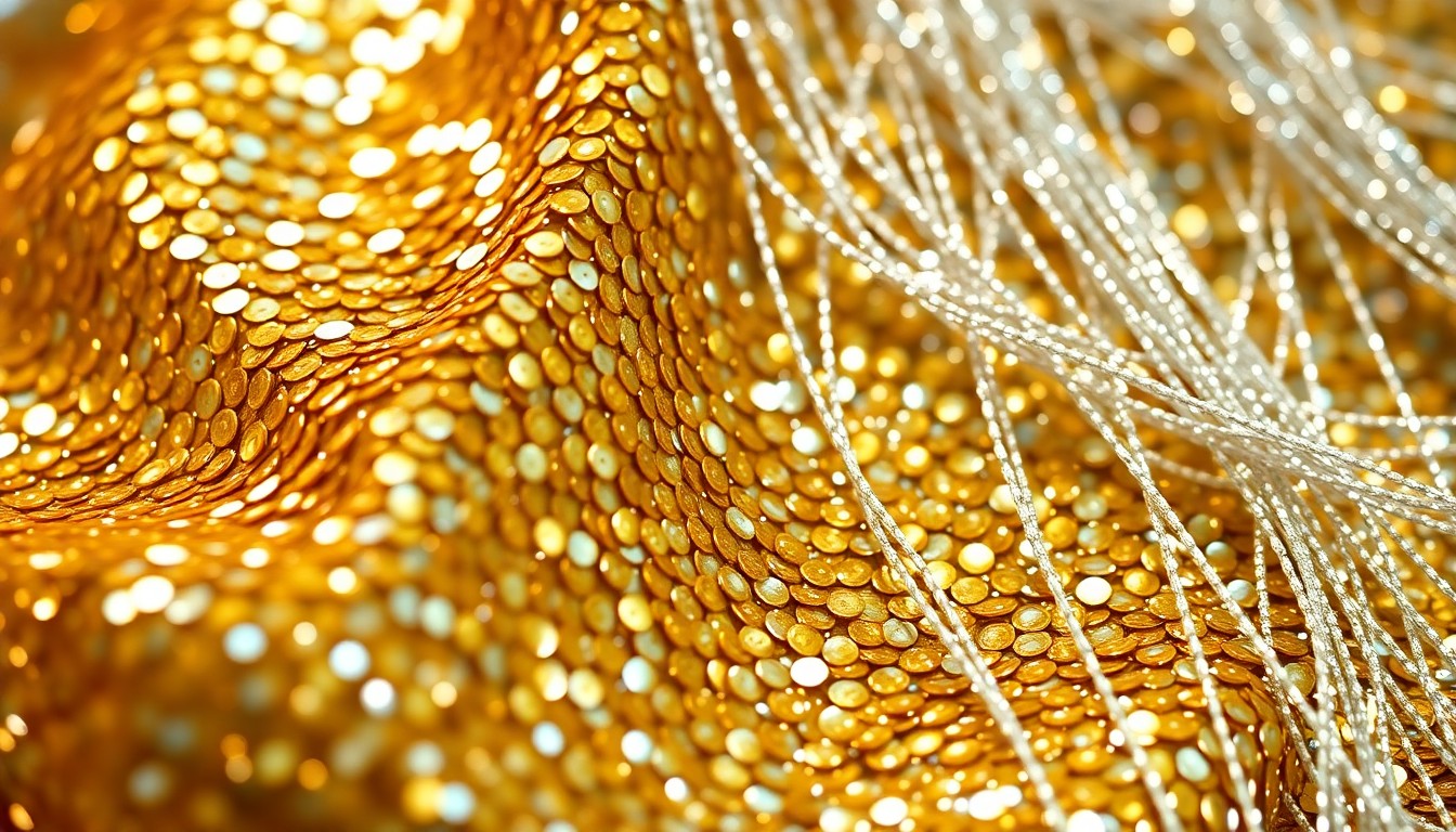 An extreme close-up of a luxurious fabric texture featuring shimmering gold sequins and sparkling silver threads, conceptually representing the financial success and glamour of a rising television star.